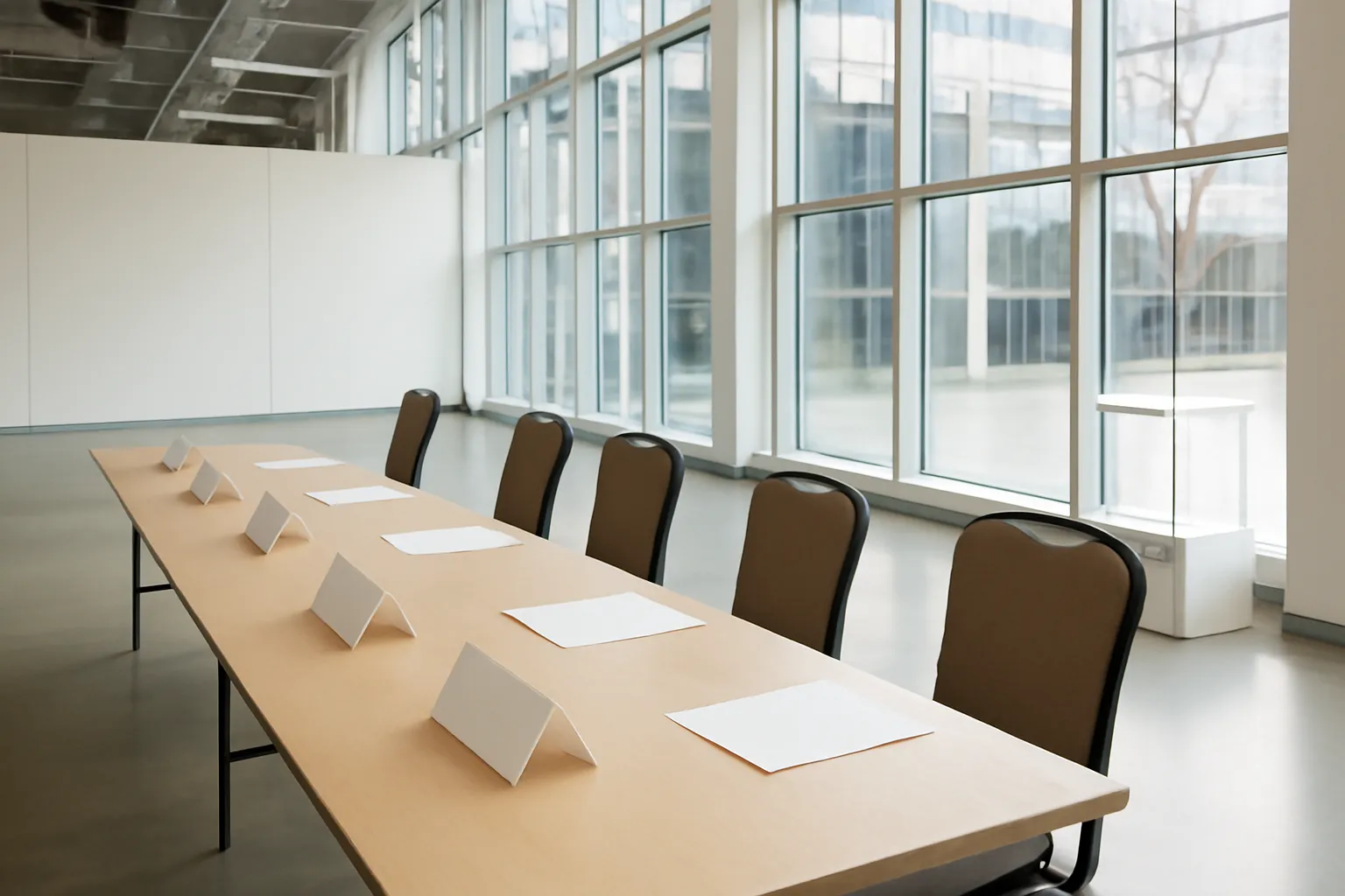 Long table de jury aux chaises vides, cartons de noms vierges et feuilles blanches, dans un hall d'exposition lumineux