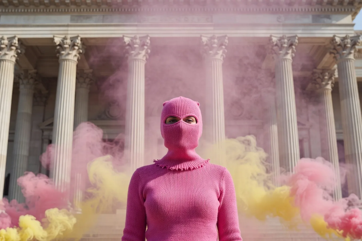 Manifestante en cagoule rose devant un pavillon néoclassique, fumée rose et jaune dans l'air, ambiance de protestation en plein jour