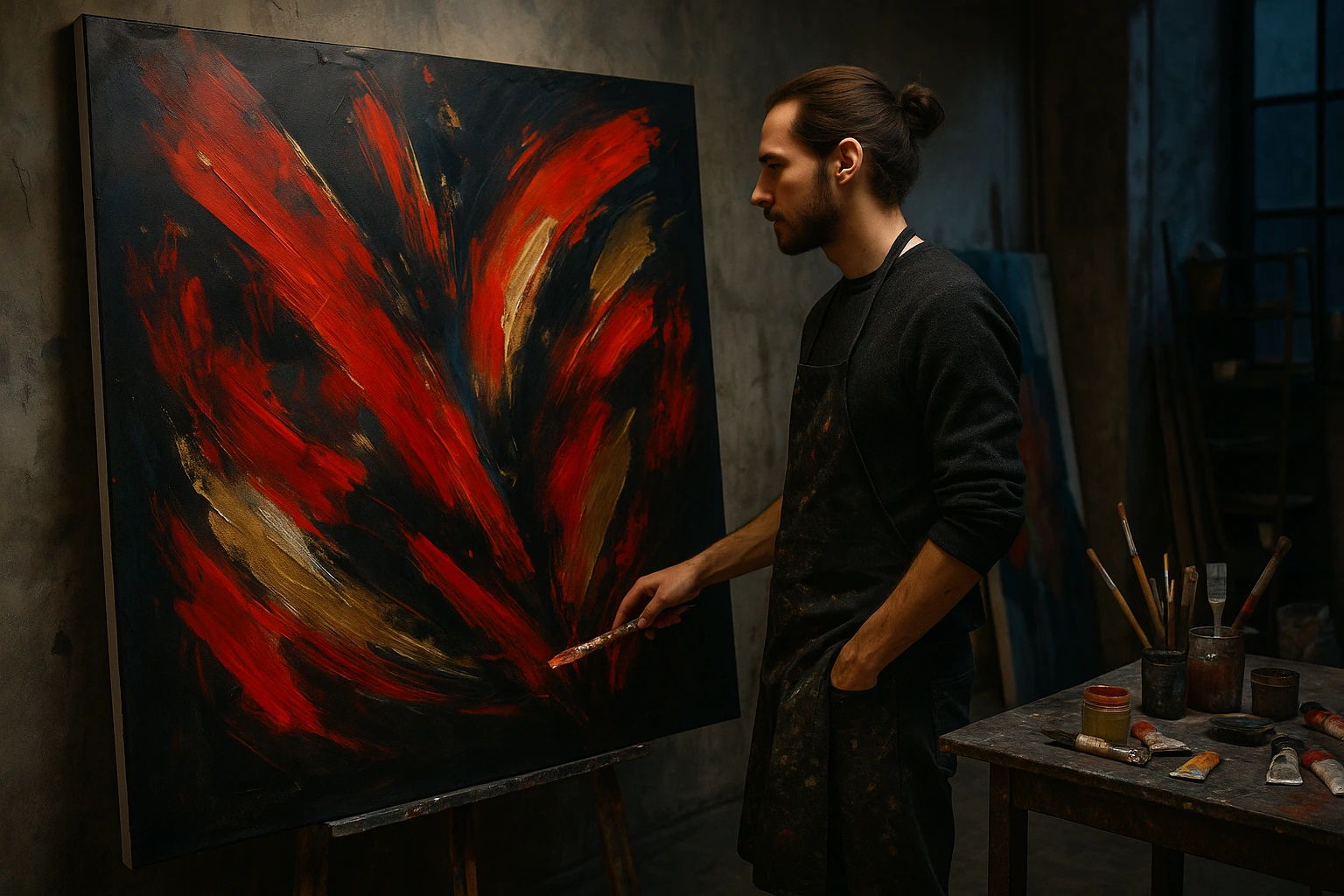 Peintre russe moderne travaillant sur une grande toile dans un atelier