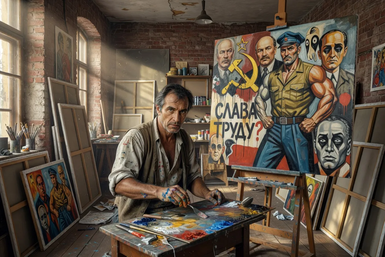 Atelier de peintre russe contemporain à Berlin, toiles en cours sur chevalet et palettes