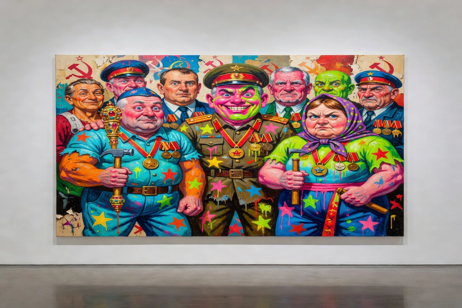 Peinture figurative satirique dans un style kitsch post-soviétique : figures grotesques et colorées évoquant la propagande détournée, exposée dans une galerie