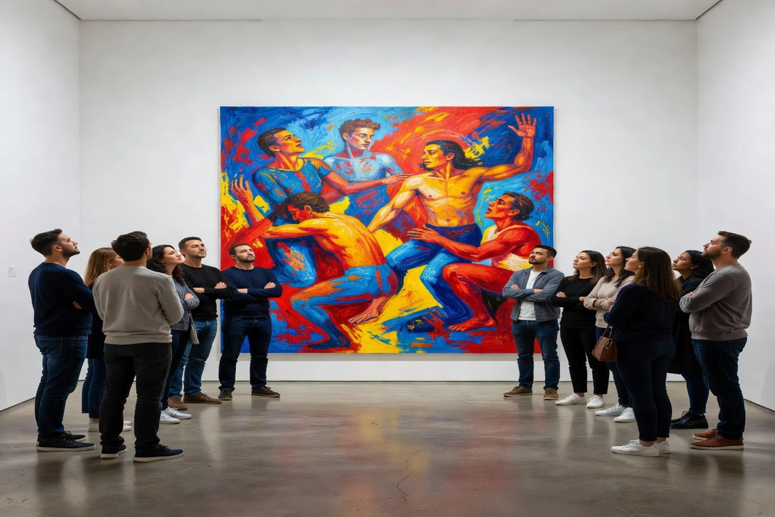 Visiteurs d'une exposition d'art russe contemporain observant une grande toile figurative aux couleurs vives, galerie blanche et sol en béton