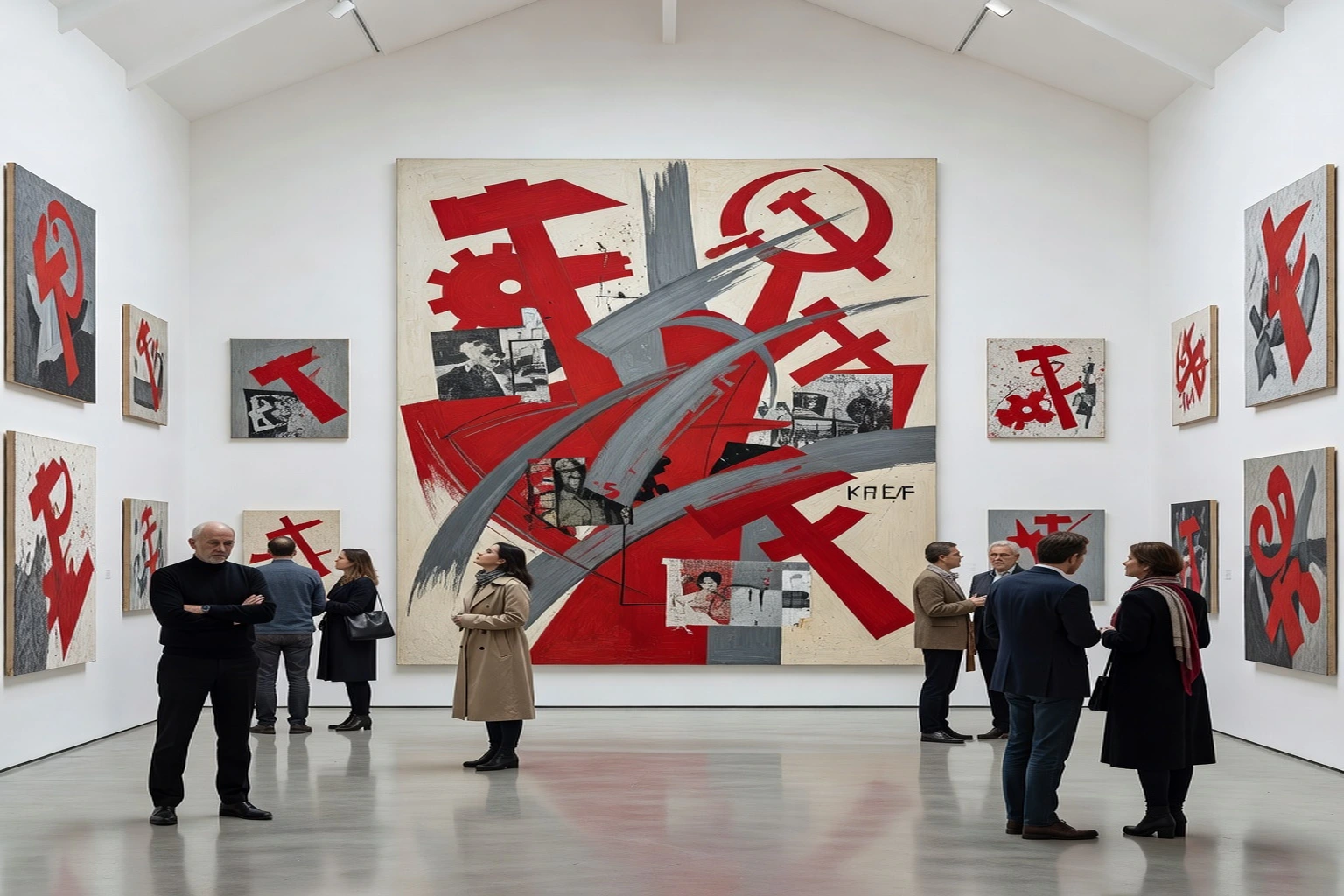 Salle d'exposition avec des toiles mêlant esthétique soviétique détournée et abstraction contemporaine, visiteurs contemplant une grande toile rouge et grise
