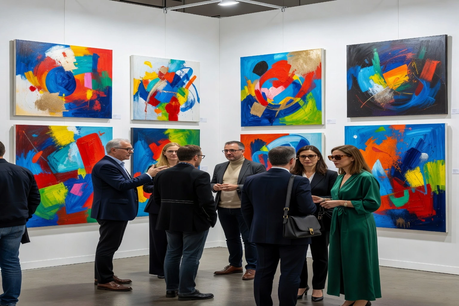 Stand de galerie lors d'une foire d'art contemporaine : toiles accrochées, visiteurs et collectionneurs en discussion, lumière de hall d'exposition