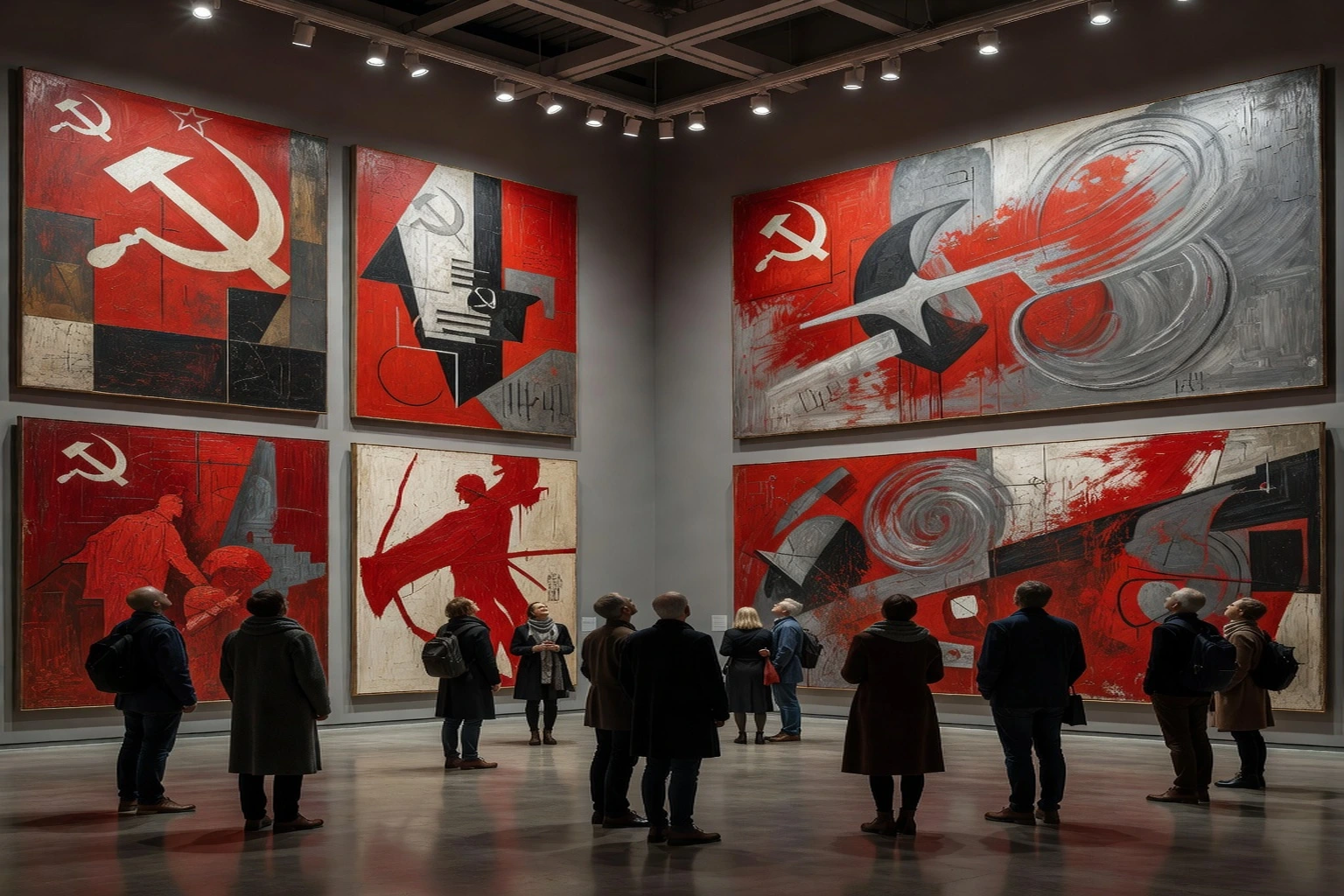 Grandes toiles de peinture russe contemporaine accrochées dans un musée, visiteurs de dos, lumière zénithale