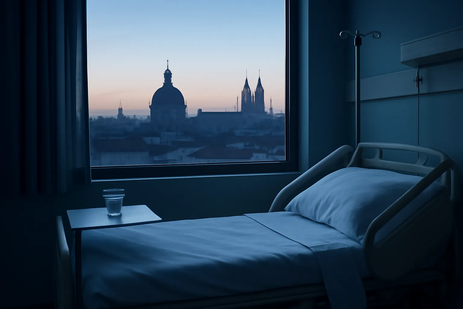 Chambre d'hôpital au petit matin, fenêtre ouverte sur les toits d'une ville européenne