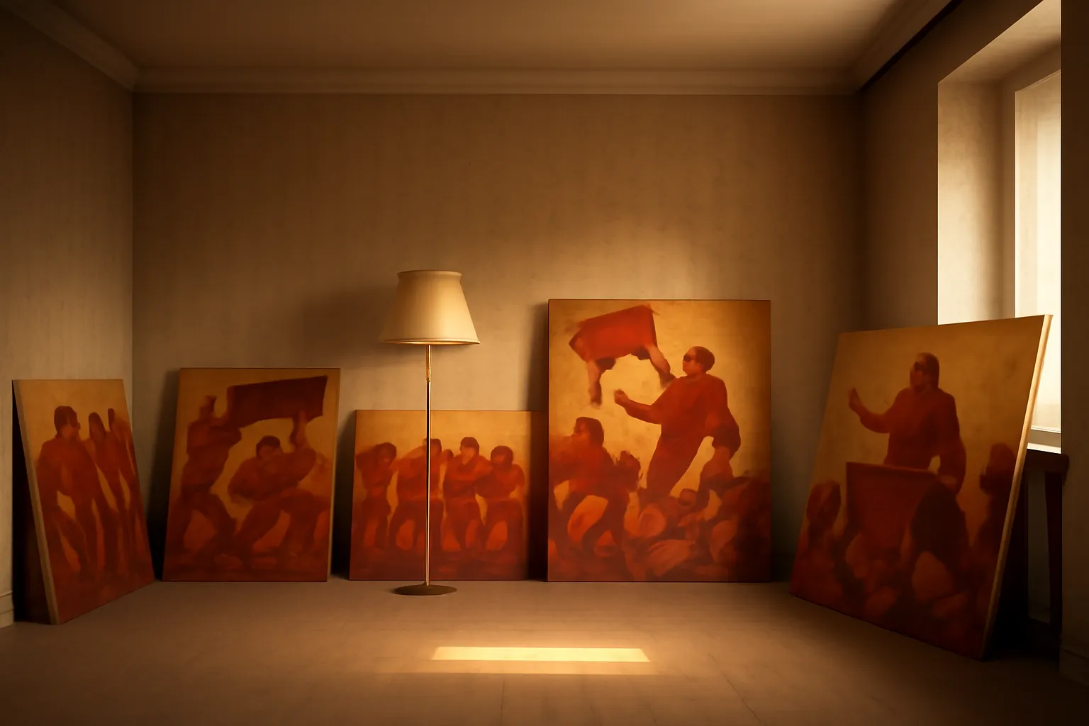 Toiles parodiques aux figures rouges et dorées, appuyées contre le mur d'un appartement vide éclairé par une lampe