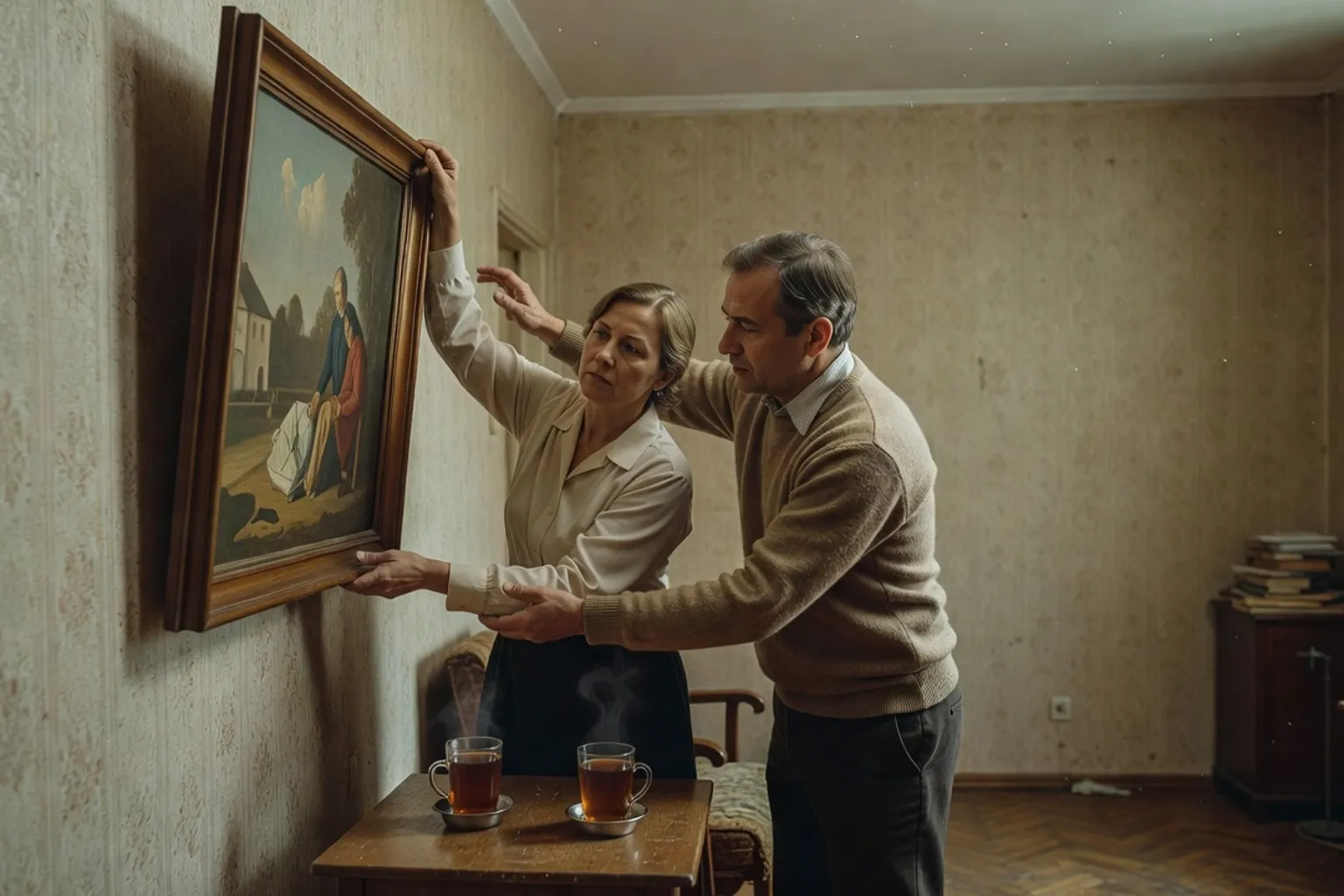 Un homme et une femme accrochant ensemble un grand tableau encadré dans un appartement aux murs tapissés, deux verres de thé fumants sur la table