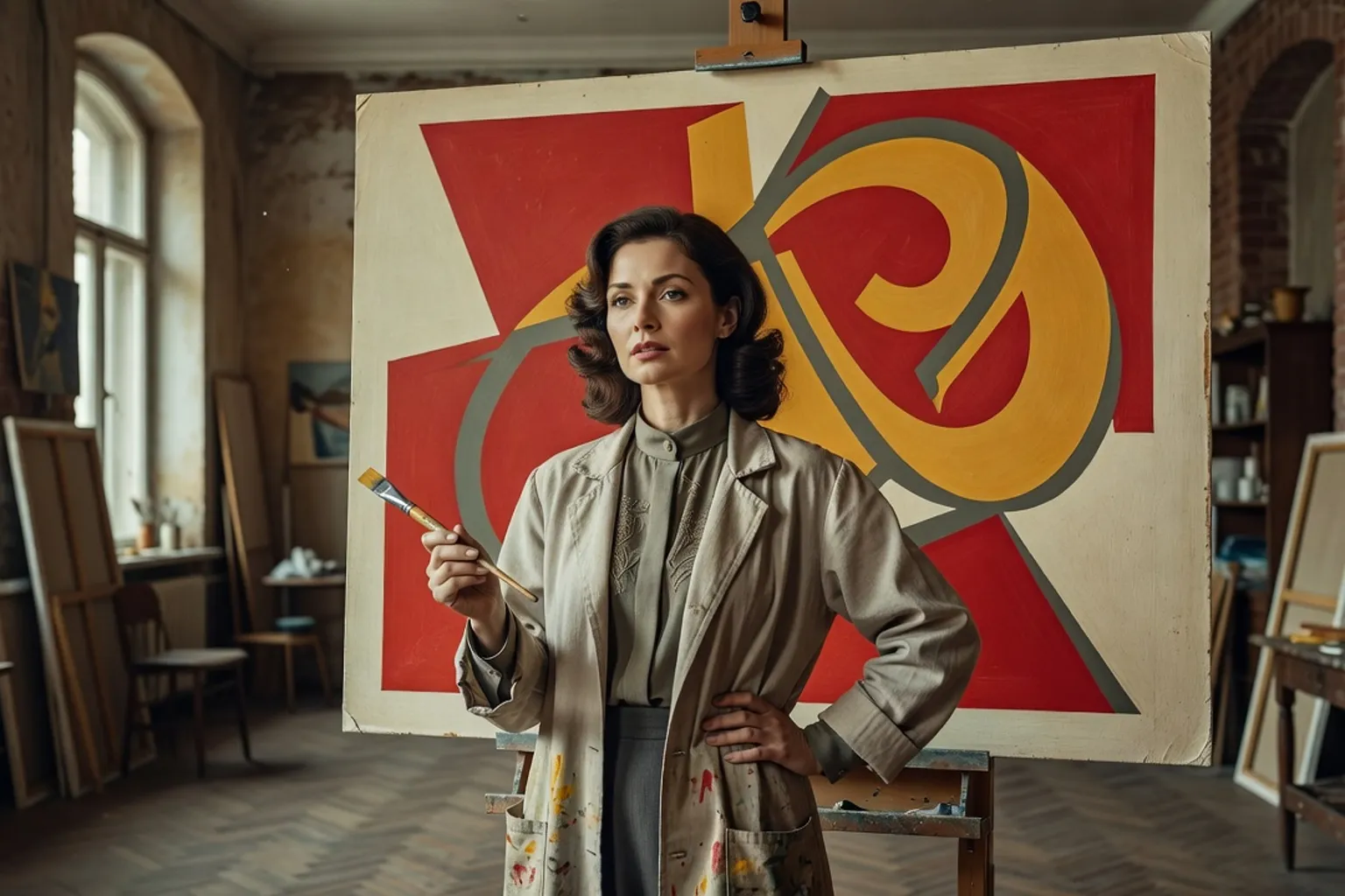 Artiste femme en atelier peignant un grand panneau de propagande soviétique détourné, rouge et ocre, pinceaux et affiches accrochées au mur